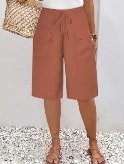 New Women's Chinos Shorts Basic Casual Knee Length High Waist Plain Elastic Waistband Comfy Soft Comfortable Micro-elastic Outdoor Street Black Orange Green Khaki Summer Spring Regular Fit Women Shorts
