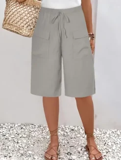 New Women's Chinos Shorts Basic Casual Knee Length High Waist Plain Elastic Waistband Comfy Soft Comfortable Micro-elastic Outdoor Street Black Orange Green Khaki Summer Spring Regular Fit Women Shorts