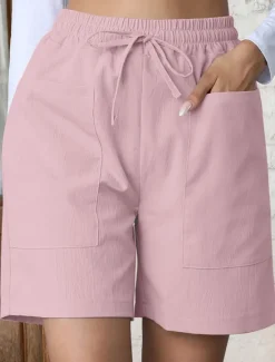Best Women's Chinos Shorts Basic Casual Short High Waist Plain Pocket Elastic Waistband Comfy Soft Comfortable Stretchy Outdoor Street Apricot White Pink Blue Summer Spring Regular Fit Women Shorts