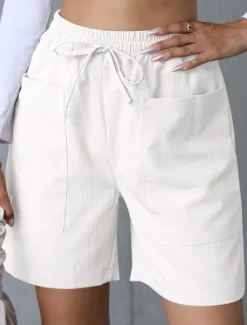 Best Women's Chinos Shorts Basic Casual Short High Waist Plain Pocket Elastic Waistband Comfy Soft Comfortable Stretchy Outdoor Street Apricot White Pink Blue Summer Spring Regular Fit Women Shorts
