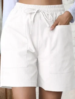 Best Women's Chinos Shorts Basic Casual Short High Waist Plain Pocket Elastic Waistband Comfy Soft Comfortable Stretchy Outdoor Street Apricot White Pink Blue Summer Spring Regular Fit Women Shorts