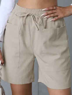 Best Women's Chinos Shorts Basic Casual Short High Waist Plain Pocket Elastic Waistband Comfy Soft Comfortable Stretchy Outdoor Street Apricot White Pink Blue Summer Spring Regular Fit Women Shorts