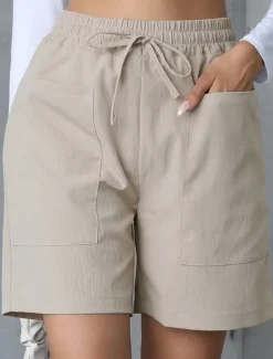 Best Women's Chinos Shorts Basic Casual Short High Waist Plain Pocket Elastic Waistband Comfy Soft Comfortable Stretchy Outdoor Street Apricot White Pink Blue Summer Spring Regular Fit Women Shorts