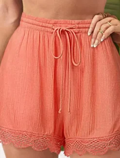 Online Women's Chinos Shorts Basic Casual Short High Waist Plain Elastic Drawstring Design High Cut Breathability Soft Micro-elastic Casual Daily Weekend Wine Lake Blue Black White Summer Spring Regular Fit Women Shorts