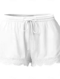 Online Women's Chinos Shorts Basic Casual Short High Waist Plain Elastic Drawstring Design High Cut Breathability Soft Micro-elastic Casual Daily Weekend Wine Lake Blue Black White Summer Spring Regular Fit Women Shorts