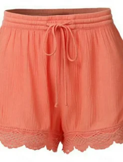 Online Women's Chinos Shorts Basic Casual Short High Waist Plain Elastic Drawstring Design High Cut Breathability Soft Micro-elastic Casual Daily Weekend Wine Lake Blue Black White Summer Spring Regular Fit Women Shorts