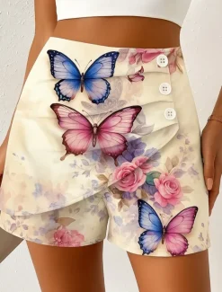 Outlet Women's Chinos Shorts Elegant Vacation Vintage Short High Waist Graphic Butterfly Abstract Layered Quick Dry Comfortable Breathable Micro-elastic Outdoor Street Daily Blue Green Beige Summer Spring Women Shorts