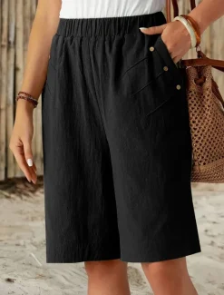 Hot Women's Chinos Shorts Fashion Streetwear Basic Knee Length High Waist Plain Pocket Elastic Waistband Comfy Soft Comfortable Micro-elastic Outdoor Street Dark-Gray Navy Black White Summer Spring Loose Women Shorts