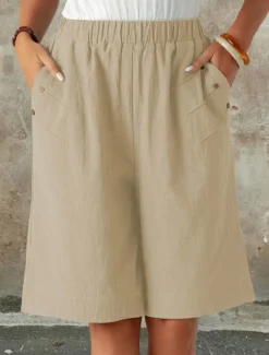 Hot Women's Chinos Shorts Fashion Streetwear Basic Knee Length High Waist Plain Pocket Elastic Waistband Comfy Soft Comfortable Micro-elastic Outdoor Street Dark-Gray Navy Black White Summer Spring Loose Women Shorts