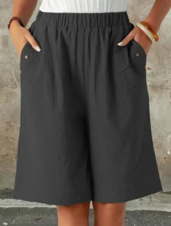 Hot Women's Chinos Shorts Fashion Streetwear Basic Knee Length High Waist Plain Pocket Elastic Waistband Comfy Soft Comfortable Micro-elastic Outdoor Street Dark-Gray Navy Black White Summer Spring Loose Women Shorts