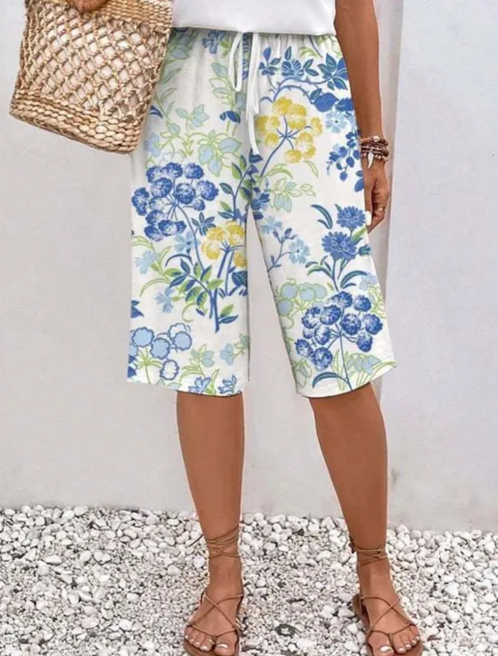 Discount Women's Chinos Shorts Fashion Streetwear Casual Knee Length High Waist Floral Drawstring Comfy Soft Comfortable Micro-elastic Outdoor Vacation Street Apple Green Royal Blue Blue Green Summer Regular Women Shorts