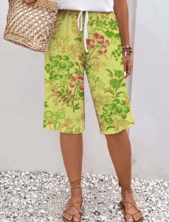 Discount Women's Chinos Shorts Fashion Streetwear Casual Knee Length High Waist Floral Drawstring Comfy Soft Comfortable Micro-elastic Outdoor Vacation Street Apple Green Royal Blue Blue Green Summer Regular Women Shorts