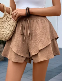 Best Women's Chinos Shorts Fashion Streetwear Short High Waist Plain Ruffle Elastic Waistband Comfy Soft Comfortable Micro-elastic Outdoor Street Summer Regular Fit Women Shorts