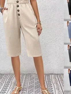 New Women's Chinos Shorts Solid Color Capri Pants Basic Casual Knee Length High Waist Plain Pocket Elastic Waist Comfort Outdoor Micro-elastic Vacation Street Daily Navy-blue Dark Grey Black Light Blue Women Shorts|Pants