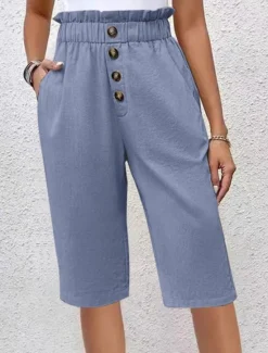 New Women's Chinos Shorts Solid Color Capri Pants Basic Casual Knee Length High Waist Plain Pocket Elastic Waist Comfort Outdoor Micro-elastic Vacation Street Daily Navy-blue Dark Grey Black Light Blue Women Shorts|Pants