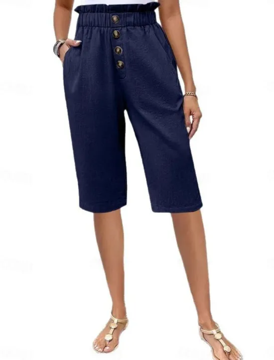 New Women's Chinos Shorts Solid Color Capri Pants Basic Casual Knee Length High Waist Plain Pocket Elastic Waist Comfort Outdoor Micro-elastic Vacation Street Daily Navy-blue Dark Grey Black Light Blue Women Shorts|Pants