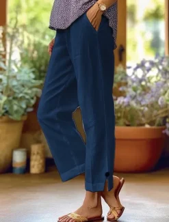 Online Women's Chinos Vintage Fashion Basic Ankle-Length High Waist Plain Pocket Comfort Outdoor Inelastic Vacation Street Daily Deep Green Navy White Pink Summer Spring Loose Fit Women Pants