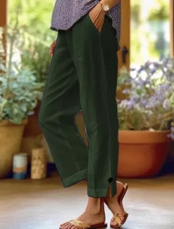 Online Women's Chinos Vintage Fashion Basic Ankle-Length High Waist Plain Pocket Comfort Outdoor Inelastic Vacation Street Daily Deep Green Navy White Pink Summer Spring Loose Fit Women Pants