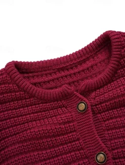 Women's Classic Cardigan Crew Neck Knitted Textured Fall Winter Formal Elegant Fashion Daily Long Sleeve Solid Color Wine Red Black Women Cardigans & Outerwears