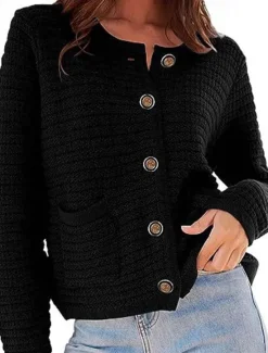 Women's Classic Cardigan Crew Neck Knitted Textured Fall Winter Formal Elegant Fashion Daily Long Sleeve Solid Color Wine Red Black Women Cardigans & Outerwears