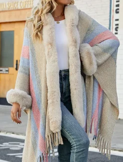Discount Women's Cloak / Capes Outdoor Street Daily Wear Fall Winter Regular Coat Regular Fit Thermal Warm Breathable Stylish Casual Jacket Long Sleeve Stripe Faux Fur Trim Khaki Apricot Gray Women Coats & Trench Coats