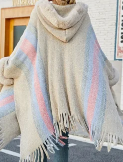 Discount Women's Cloak / Capes Outdoor Street Daily Wear Fall Winter Regular Coat Regular Fit Thermal Warm Breathable Stylish Casual Jacket Long Sleeve Stripe Faux Fur Trim Khaki Apricot Gray Women Coats & Trench Coats
