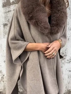 Online Women's Cloak / Capes Outdoor Street Daily Fall Winter Regular Coat Regular Fit Warm Breathable Comtemporary Stylish Jacket 3/4 Length Sleeve Solid Color Fur Collar Black Khaki Gray Women Coats & Trench Coats