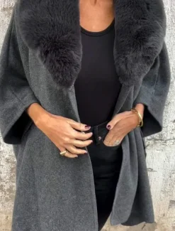 Online Women's Cloak / Capes Outdoor Street Daily Fall Winter Regular Coat Regular Fit Warm Breathable Comtemporary Stylish Jacket 3/4 Length Sleeve Solid Color Fur Collar Black Khaki Gray Women Coats & Trench Coats