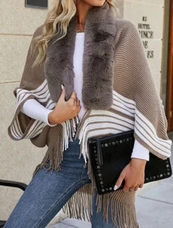 New Women's Cloak / Capes Outdoor Street Daily Wear Fall Winter Regular Coat Regular Fit Thermal Warm Breathable Stylish Casual Jacket Long Sleeve Stripe Tassel Fringe Faux Fur Trim Wine Apricot Coffee Women Coats & Trench Coats