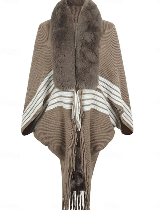 New Women's Cloak / Capes Outdoor Street Daily Wear Fall Winter Regular Coat Regular Fit Thermal Warm Breathable Stylish Casual Jacket Long Sleeve Stripe Tassel Fringe Faux Fur Trim Wine Apricot Coffee Women Coats & Trench Coats
