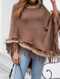 Clearance Women's Cloak / Capes Outdoor Street Daily Wear Fall Winter Regular Coat Regular Fit Thermal Warm Breathable Stylish Casual Jacket Long Sleeve Plain Tassel Fringe Faux Fur Trim Red Apricot Coffee Women Shrugs & Capes