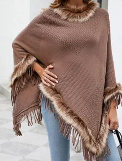 Clearance Women's Cloak / Capes Outdoor Street Daily Wear Fall Winter Regular Coat Regular Fit Thermal Warm Breathable Stylish Casual Jacket Long Sleeve Plain Tassel Fringe Faux Fur Trim Red Apricot Coffee Women Shrugs & Capes