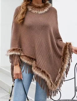 Clearance Women's Cloak / Capes Outdoor Street Daily Wear Fall Winter Regular Coat Regular Fit Thermal Warm Breathable Stylish Casual Jacket Long Sleeve Plain Tassel Fringe Faux Fur Trim Red Apricot Coffee Women Shrugs & Capes