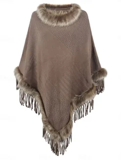 Clearance Women's Cloak / Capes Outdoor Street Daily Wear Fall Winter Regular Coat Regular Fit Thermal Warm Breathable Stylish Casual Jacket Long Sleeve Plain Tassel Fringe Faux Fur Trim Red Apricot Coffee Women Shrugs & Capes