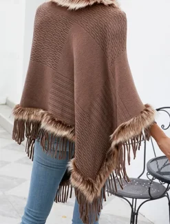 Clearance Women's Cloak / Capes Outdoor Street Daily Wear Fall Winter Regular Coat Regular Fit Thermal Warm Breathable Stylish Casual Jacket Long Sleeve Plain Tassel Fringe Faux Fur Trim Red Apricot Coffee Women Shrugs & Capes