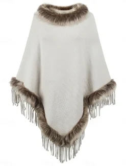 Clearance Women's Cloak / Capes Outdoor Street Daily Wear Fall Winter Regular Coat Regular Fit Thermal Warm Breathable Stylish Casual Jacket Long Sleeve Plain Tassel Fringe Faux Fur Trim Red Apricot Coffee Women Shrugs & Capes