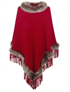 Clearance Women's Cloak / Capes Outdoor Street Daily Wear Fall Winter Regular Coat Regular Fit Thermal Warm Breathable Stylish Casual Jacket Long Sleeve Plain Tassel Fringe Faux Fur Trim Red Apricot Coffee Women Shrugs & Capes