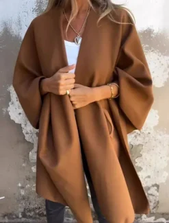Women's Cloak / Capes Outdoor Street Daily Wear Fall Winter Regular Coat Regular Fit Thermal Warm Breathable Stylish Casual Jacket Long Sleeve Plain Oversize Fuchsia Brown Khaki Women Cardigans & Outerwears