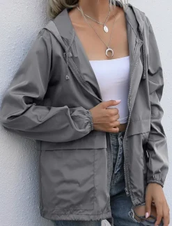 Online Women's Coat Athleisure Daily Wear Spring Fall Regular Coat Stand Collar Regular Fit Waterproof Stylish Casual Jacket Long Sleeve Solid Color Drawstring Black Wine Dark Navy Women Jackets