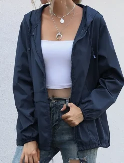 Online Women's Coat Athleisure Daily Wear Spring Fall Regular Coat Stand Collar Regular Fit Waterproof Stylish Casual Jacket Long Sleeve Solid Color Drawstring Black Wine Dark Navy Women Jackets