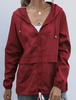 Online Women's Coat Athleisure Daily Wear Spring Fall Regular Coat Stand Collar Regular Fit Waterproof Stylish Casual Jacket Long Sleeve Solid Color Drawstring Black Wine Dark Navy Women Jackets