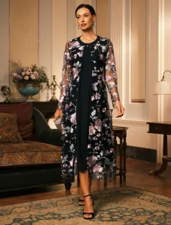 Outlet Women's Coat Breathable Lace Embroidered Elegant Floral Formal Wedding Party Long Crewneck Loose Fit Long Sleeve Outerwear Gray Pink Black Burgundy Summer Spring Women Coats & Trench Coats