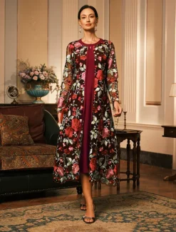 Outlet Women's Coat Breathable Lace Embroidered Elegant Floral Formal Wedding Party Long Crewneck Loose Fit Long Sleeve Outerwear Gray Pink Black Burgundy Summer Spring Women Coats & Trench Coats