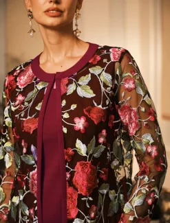 Outlet Women's Coat Breathable Lace Embroidered Elegant Floral Formal Wedding Party Long Crewneck Loose Fit Long Sleeve Outerwear Gray Pink Black Burgundy Summer Spring Women Coats & Trench Coats