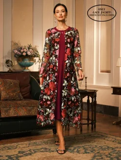 Outlet Women's Coat Breathable Lace Embroidered Elegant Floral Formal Wedding Party Long Crewneck Loose Fit Long Sleeve Outerwear Gray Pink Black Burgundy Summer Spring Women Coats & Trench Coats