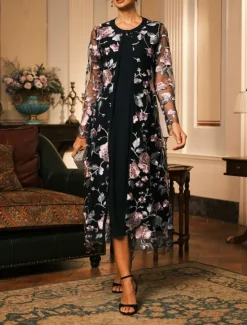 Outlet Women's Coat Breathable Lace Embroidered Elegant Floral Formal Wedding Party Long Crewneck Loose Fit Long Sleeve Outerwear Gray Pink Black Burgundy Summer Spring Women Coats & Trench Coats