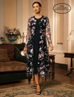 Outlet Women's Coat Breathable Lace Embroidered Elegant Floral Formal Wedding Party Long Crewneck Loose Fit Long Sleeve Outerwear Gray Pink Black Burgundy Summer Spring Women Coats & Trench Coats