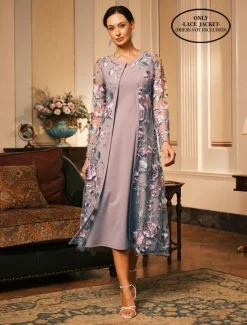Outlet Women's Coat Breathable Lace Embroidered Elegant Floral Formal Wedding Party Long Crewneck Loose Fit Long Sleeve Outerwear Gray Pink Black Burgundy Summer Spring Women Coats & Trench Coats