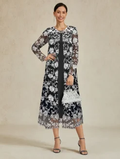 Discount Women's Coat Breathable Lace Embroidered Elegant Floral Formal Wedding Party Long Crewneck Loose Fit Long Sleeve Outerwear Summer Spring Women Coats & Trench Coats