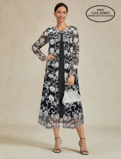 Discount Women's Coat Breathable Lace Embroidered Elegant Floral Formal Wedding Party Long Crewneck Loose Fit Long Sleeve Outerwear Summer Spring Women Coats & Trench Coats